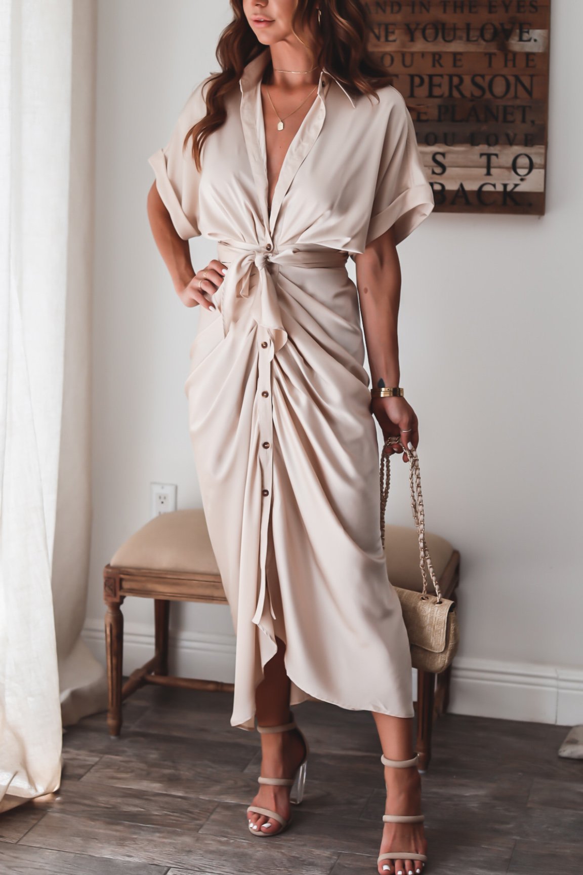 Lady V-Neck Maxi Long Dresses Satin Fashion Shirtdress Solid Color Elegant Dress Bohemian Lantern Sleeve Party Vestido Sundress