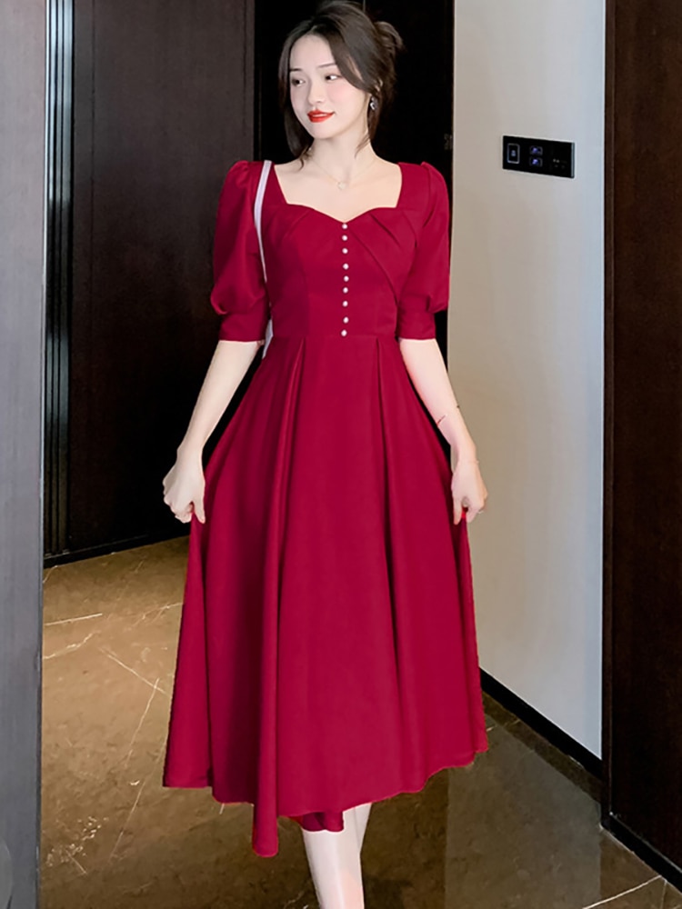 Women Red Puff Sleeve Square Collar Wedding Dress Summer Fashion Luxury Elegant Long Dress 2023 Korean Vintage Bodycon Vestidos