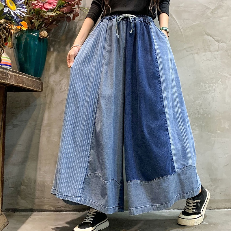Denim Wide Leg Pants 2023 Spring New Fashion Color Matching Old Large Size Culottes Ankle Length Pants Women Baggy Jeans 2330
